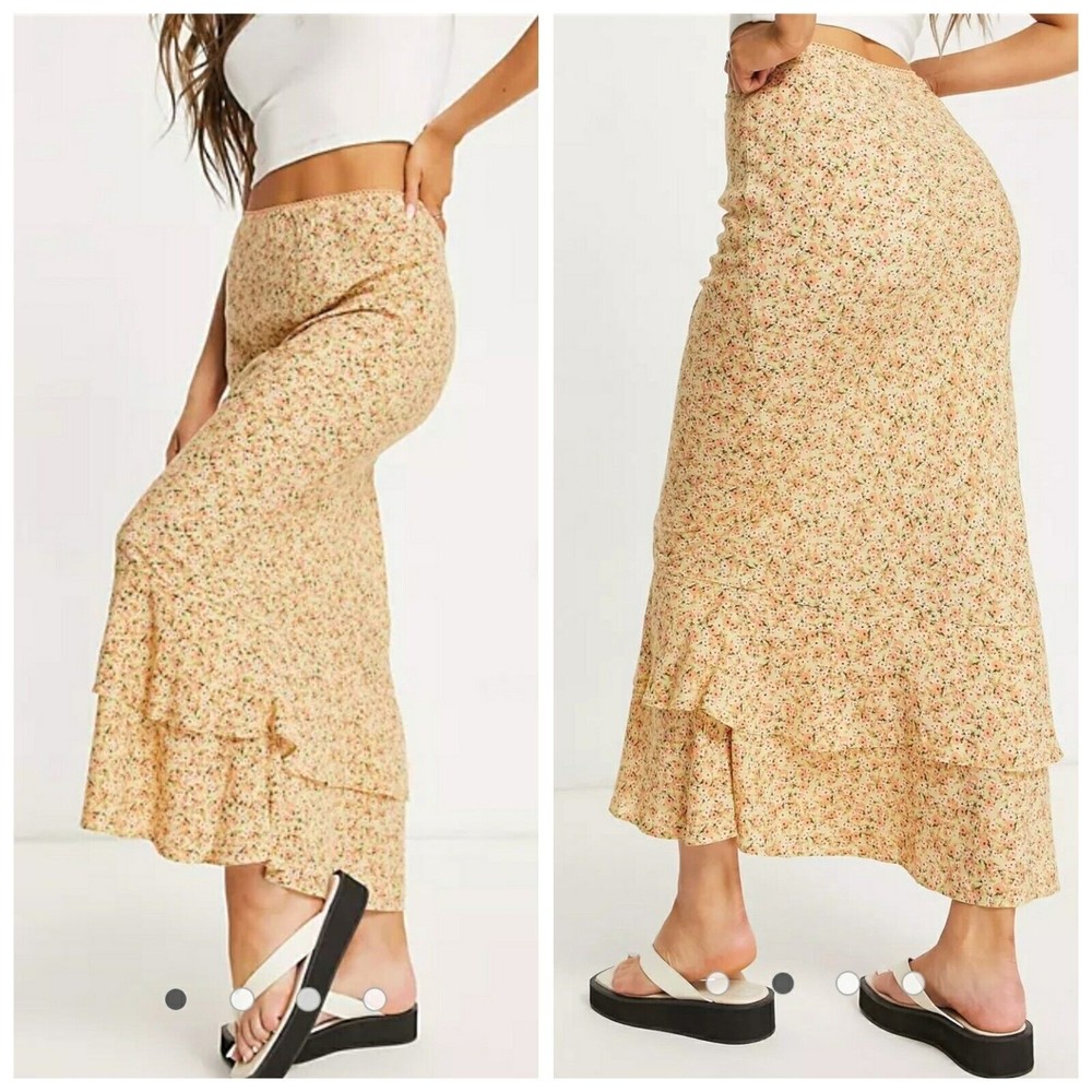 ASOS Design Floral Jacquard Ruffle Midi Skirt Size 10